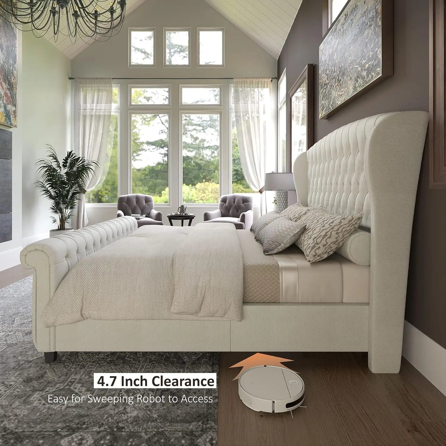 Platform Bed Frame Chenille Upholstered Sleigh With Button Tufted Headboard
