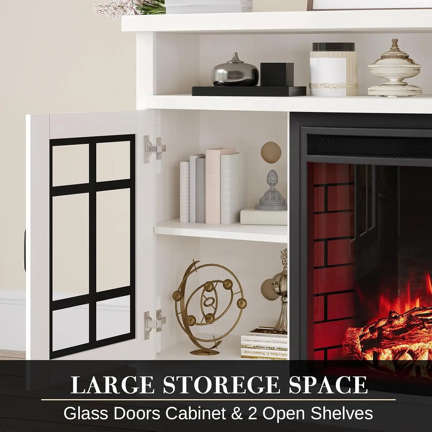 Curved TV Console Cabinet With Electric Fireplace And Media Storage
