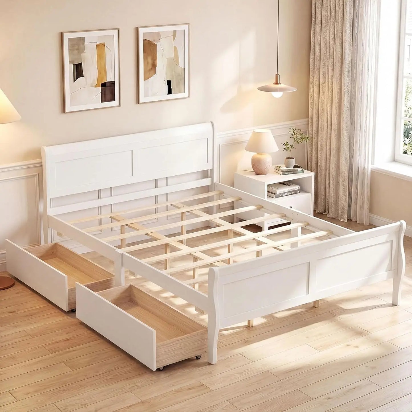 Queen Storage Bed Frame With Wood Headboard Footboard Drawers Slats