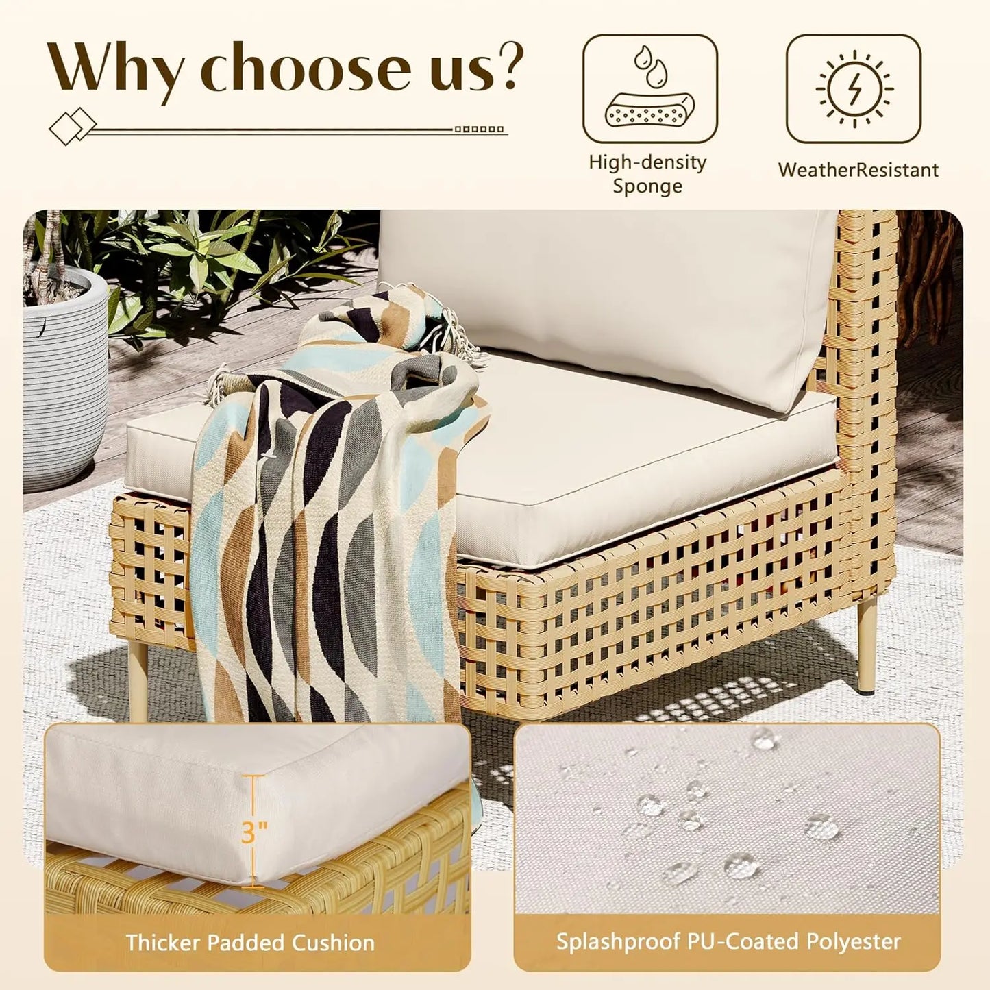 Wicker Outdoor Sectional Sofa Set Coffee Table All Weather Cushions