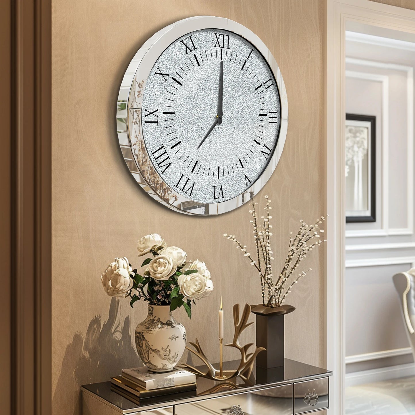 Mirrored Round Wall Clock Crystal Diamond Beveled Glass