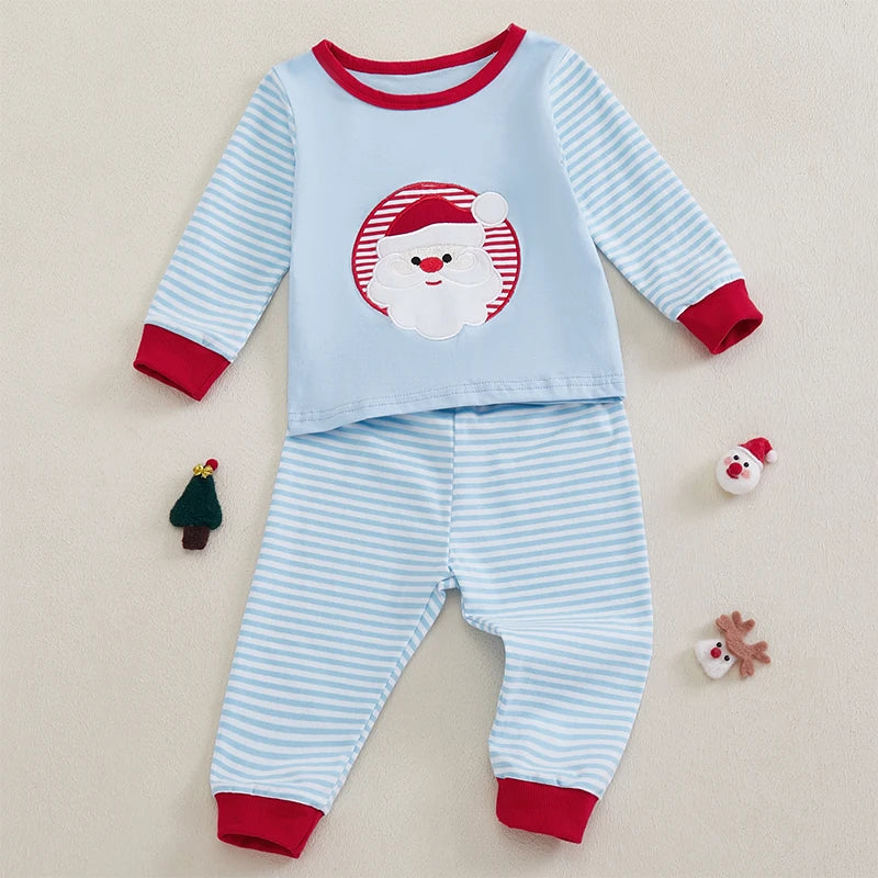 Pudcoco Christmas Toddler Unisex Santa Embroidered Sweatshirt Stripe Pants Set