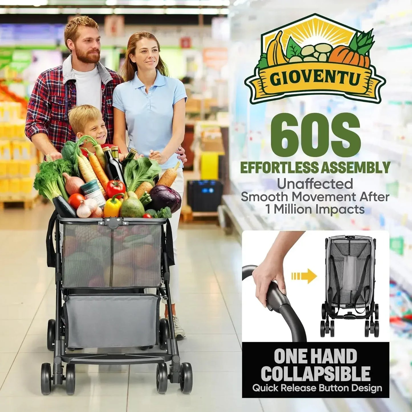 XMSJ Folding Shopping Cart With Wheels 80lb Capacity