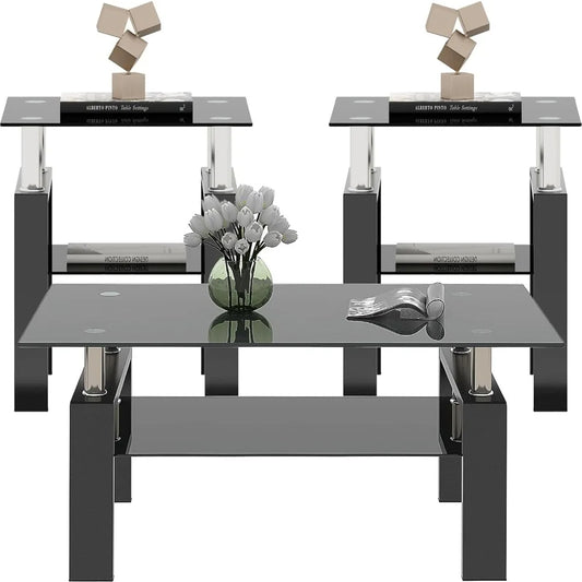 Tempered Glass Coffee Table Set Of 3 Metal Frame Tables