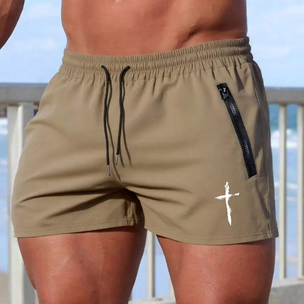 CN Men Cross Print Beach Shorts Quick Dry Zipper Pockets