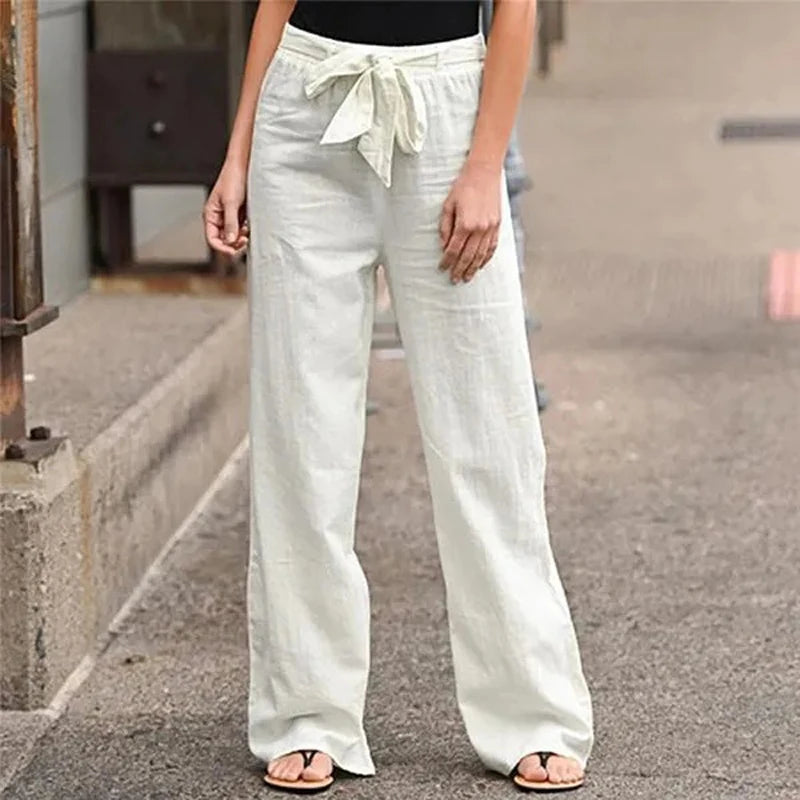 Cotton Linen Women Elastic Waist Straight Pants Beach Casual