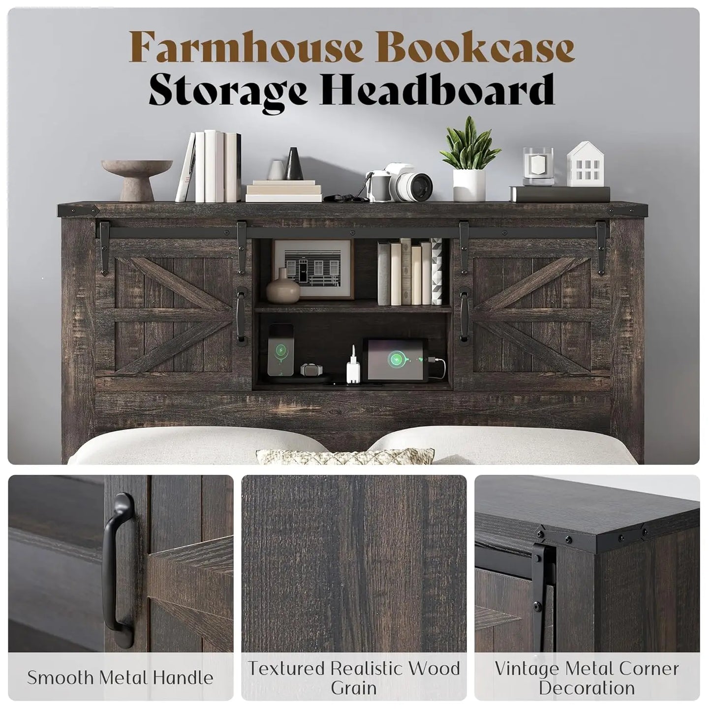 Full Storage Bed Frame With Charging Station And Bookcase
