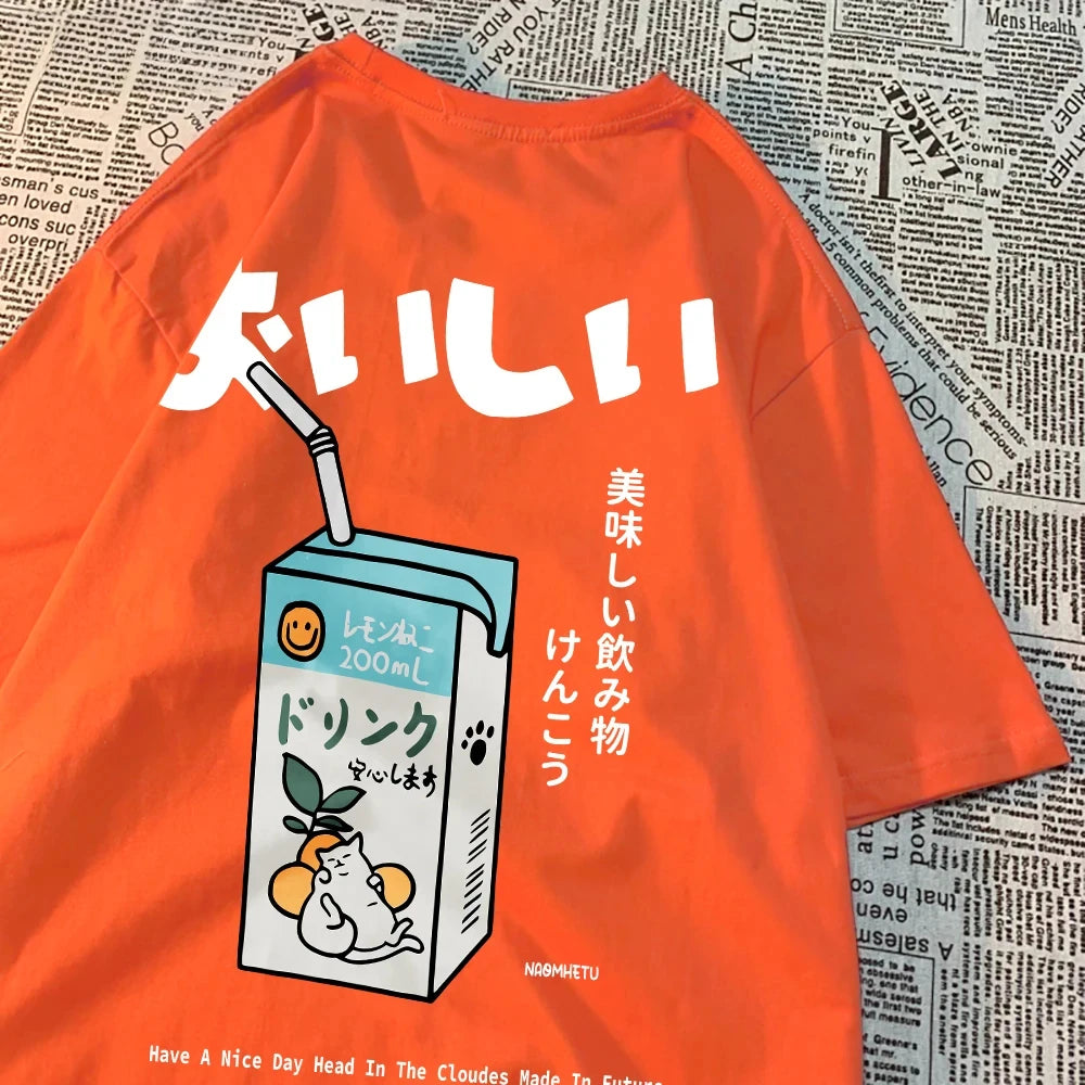 Hampson Lanqecn Cute Japanese Cat Print Tee Shirt Casual