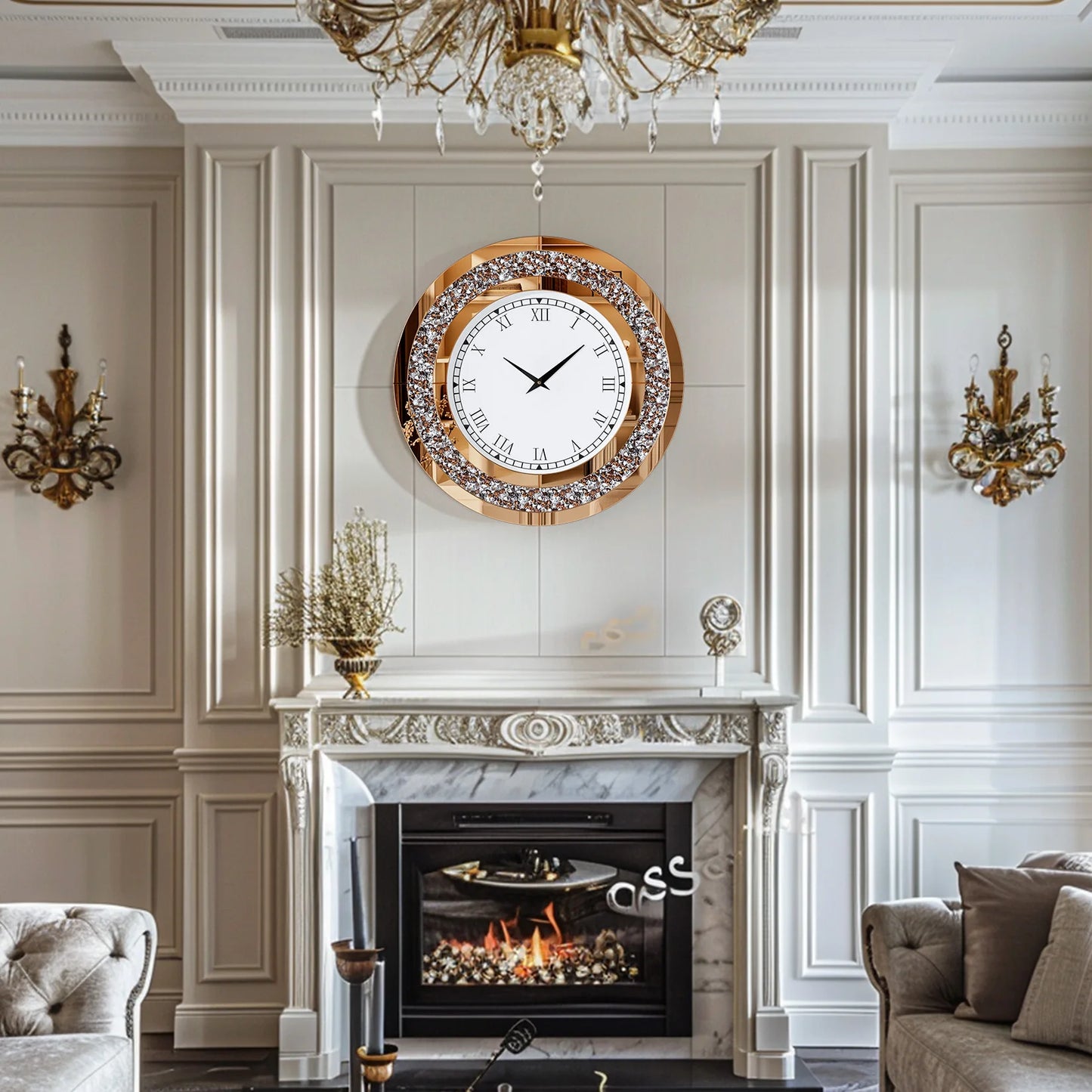 Round Mirrored Wall Clock With Crystal Sparkle Diamond Accents For Living Room