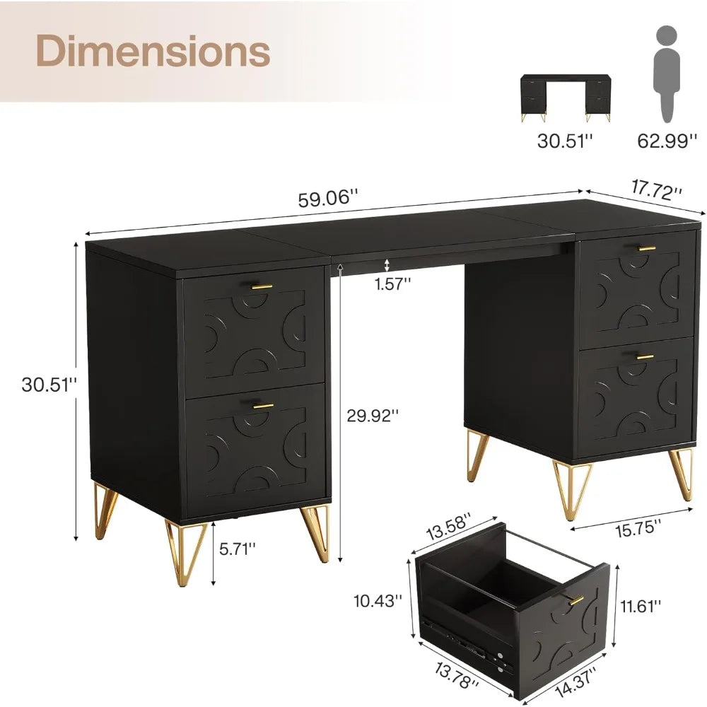Black 59 Inch Executive Computer Desk With Four Drawers