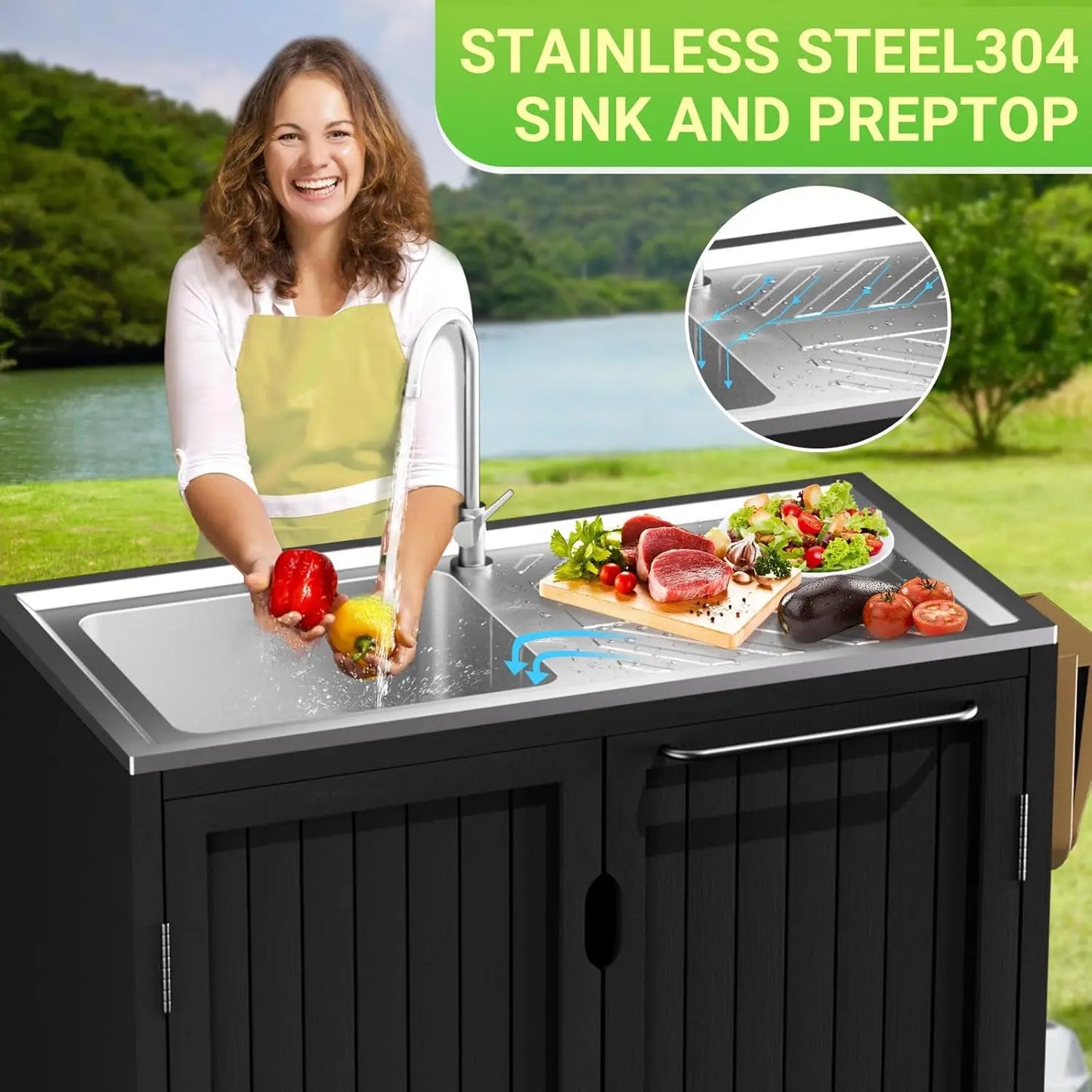 Outdoor Kitchen Island With 304 Stainless Steel Sink And Storage