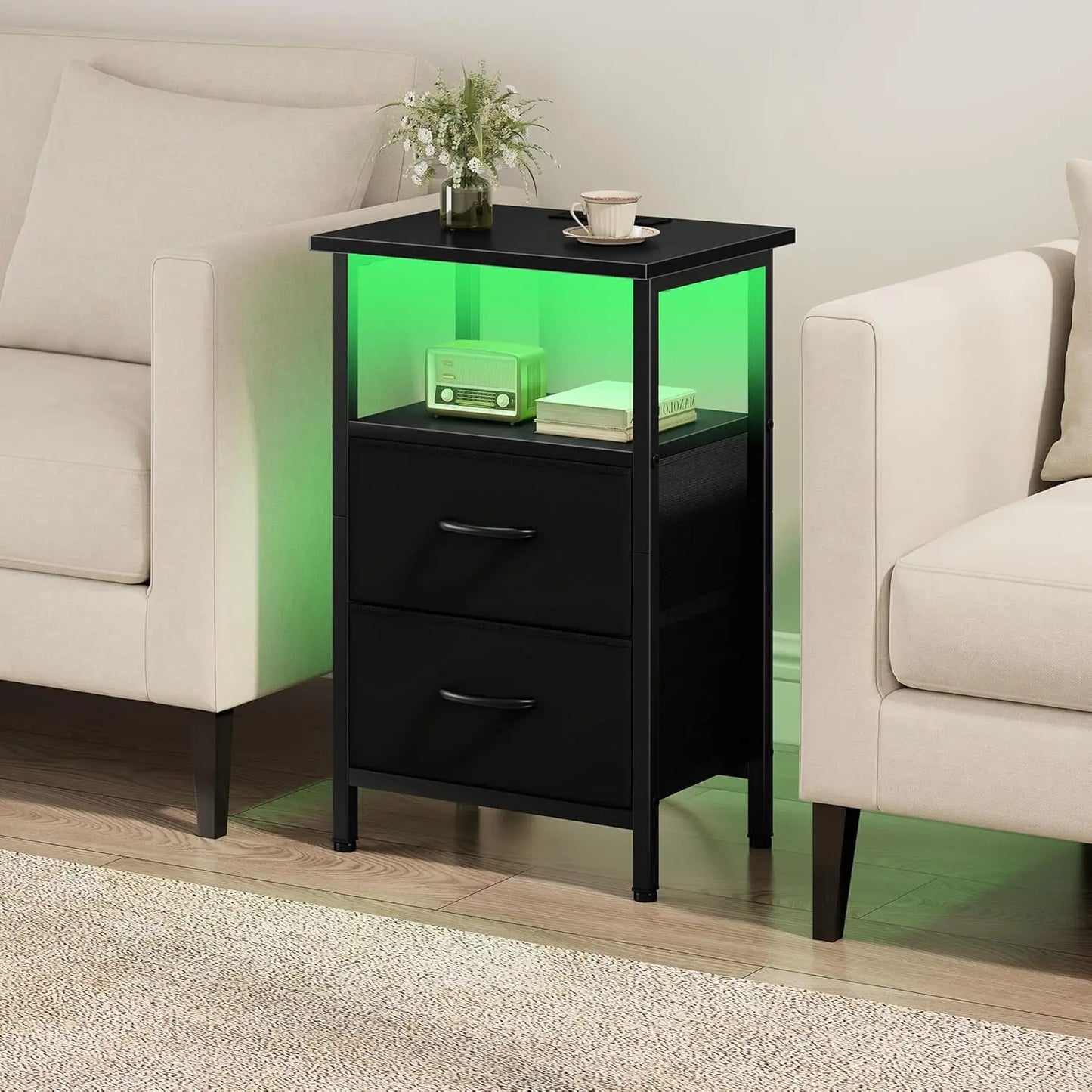 2-Piece Nightstand Set With LED Lights And Charging Station