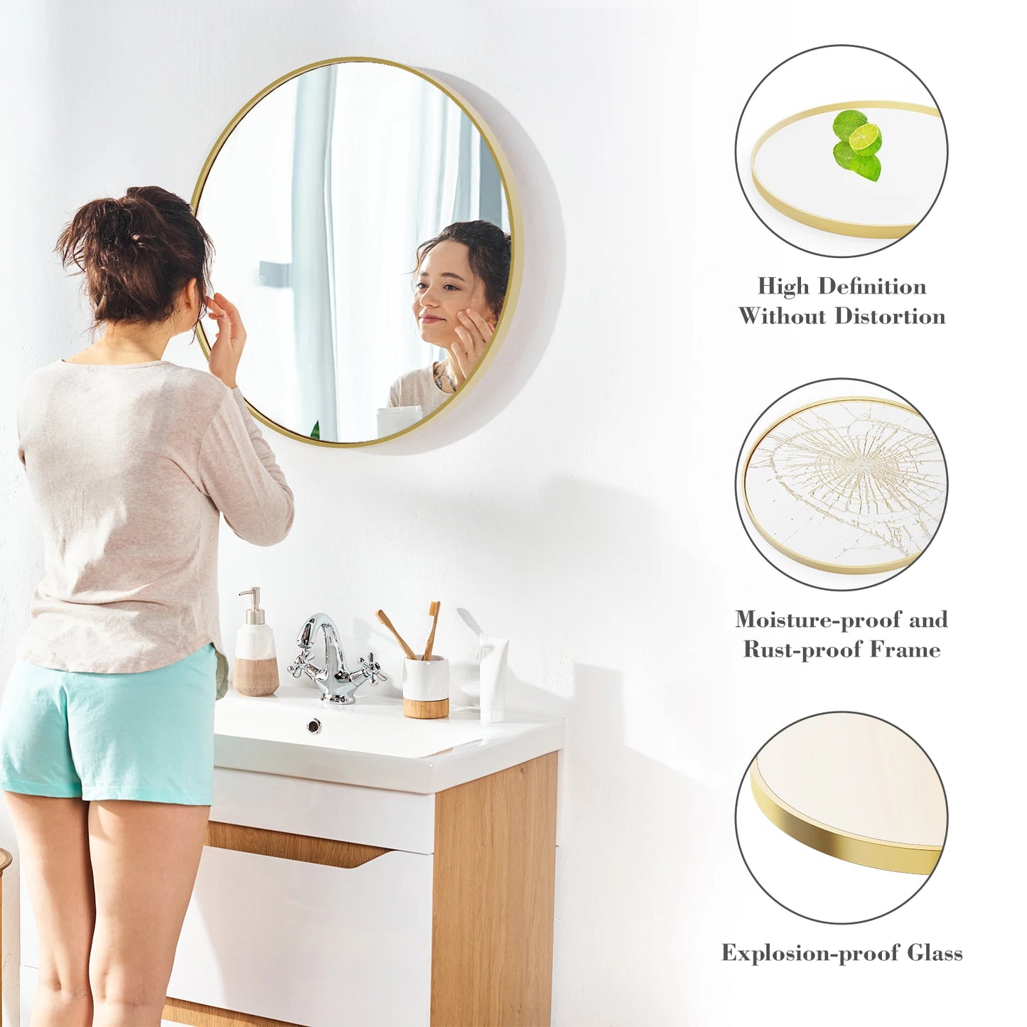 JHK Round Vanity Framed Mirror Tempered Glass Matte Metal Frame