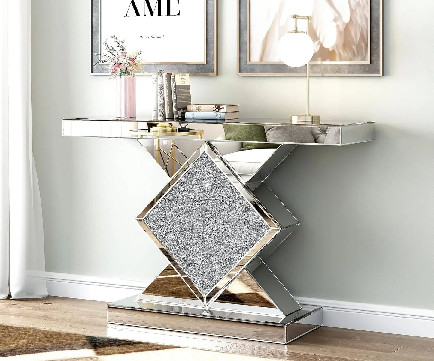 SHYFOY Mirrored Console Table With Diamond Shaped Accent For Foyer