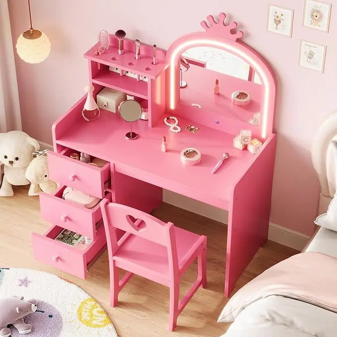 HiMISS Kids Vanity With Lighting 2 In 1 Makeup Desk
