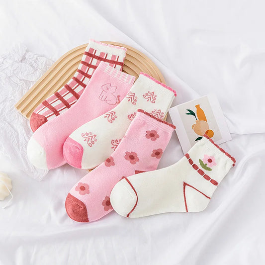 NONECN Kids Cartoon Floral Knit Socks For Girls Warm Winter