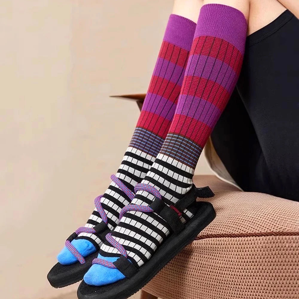 NONECN Gradient Striped Calf Socks Women Cotton High Tube