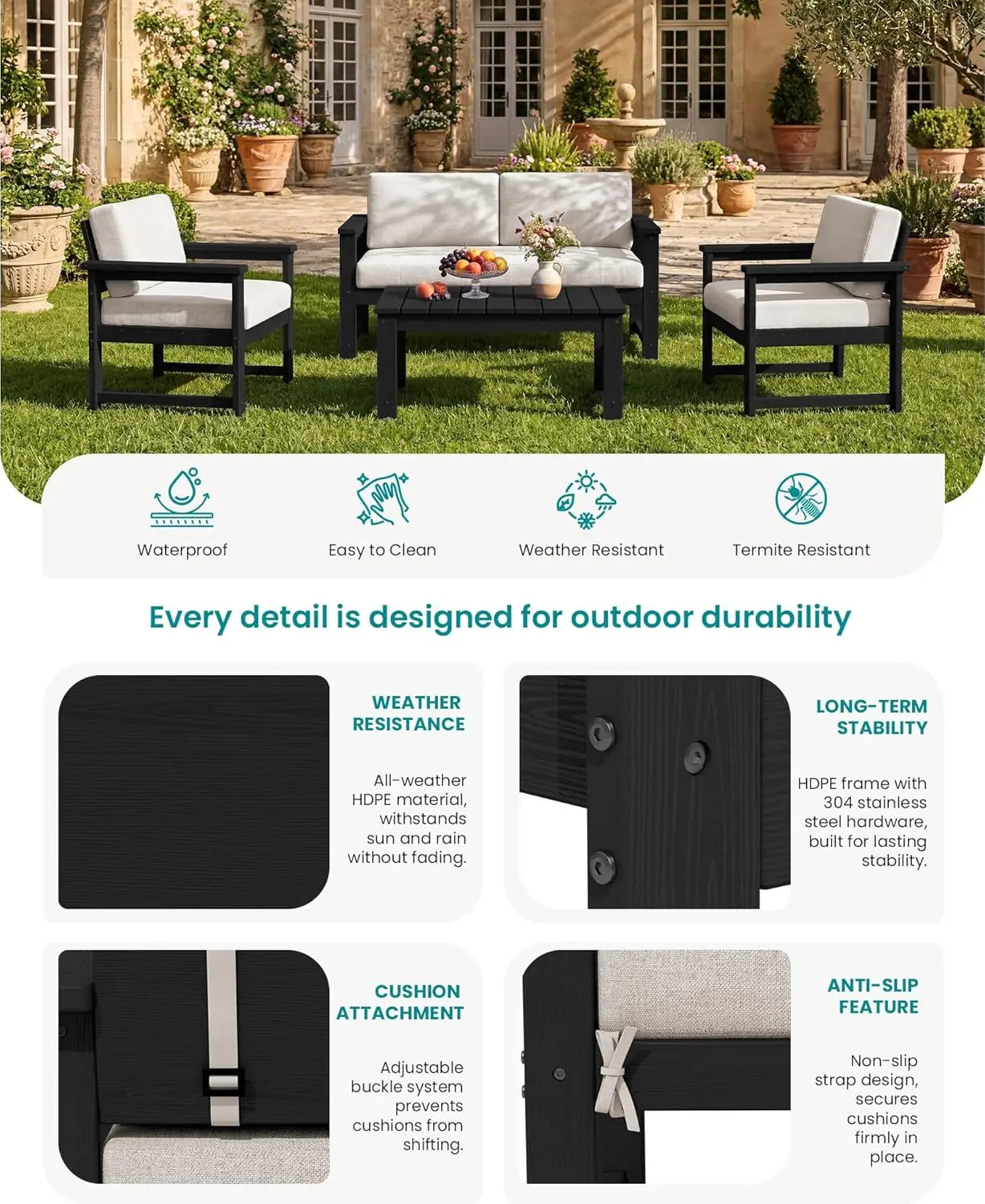 HDPE Outdoor Loveseat Sofa All Weather Cushions Patio