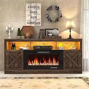 Farmhouse TV Stand With Glass Fireplace LED Entertainment Center