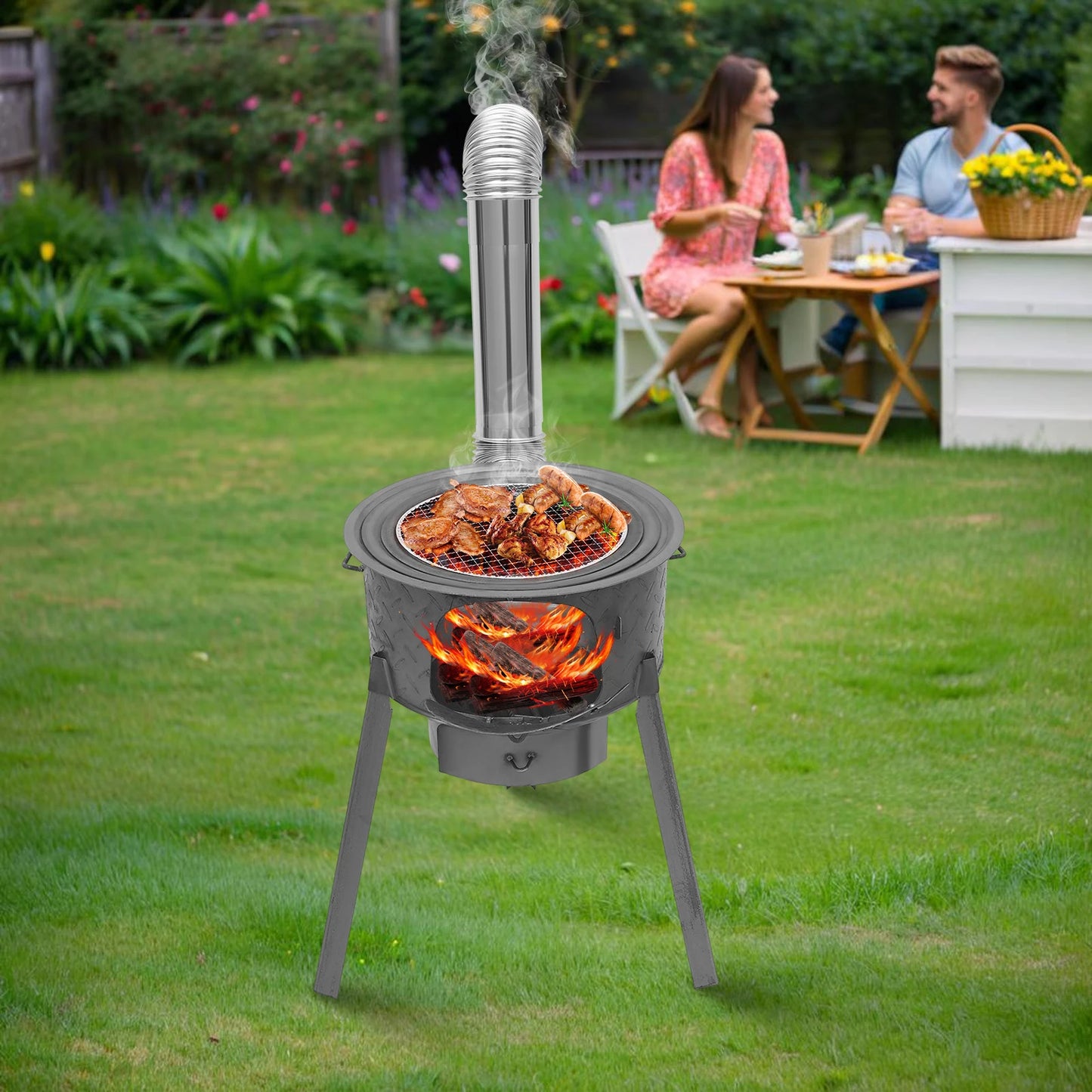 Portable Wood Burning Stove With Three Wok Rings For Outdoor Cooking