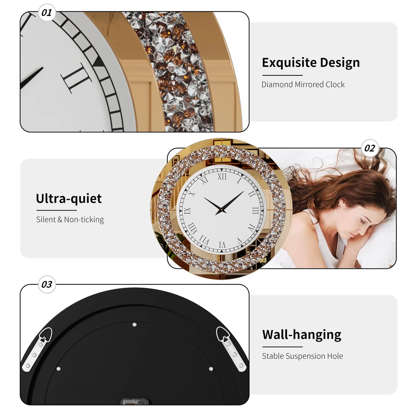 Combination Bling Silver Round Mirror Clock Glam Home Decor