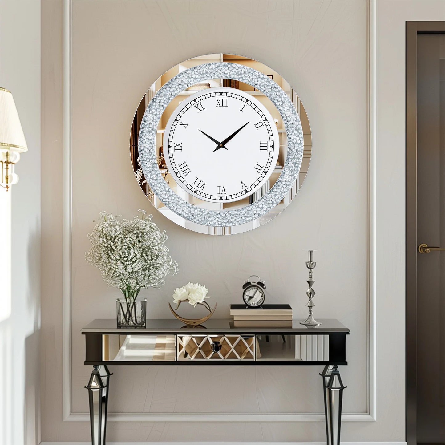 Round Mirrored Wall Clock With Crystal Sparkle Diamond Accents For Living Room