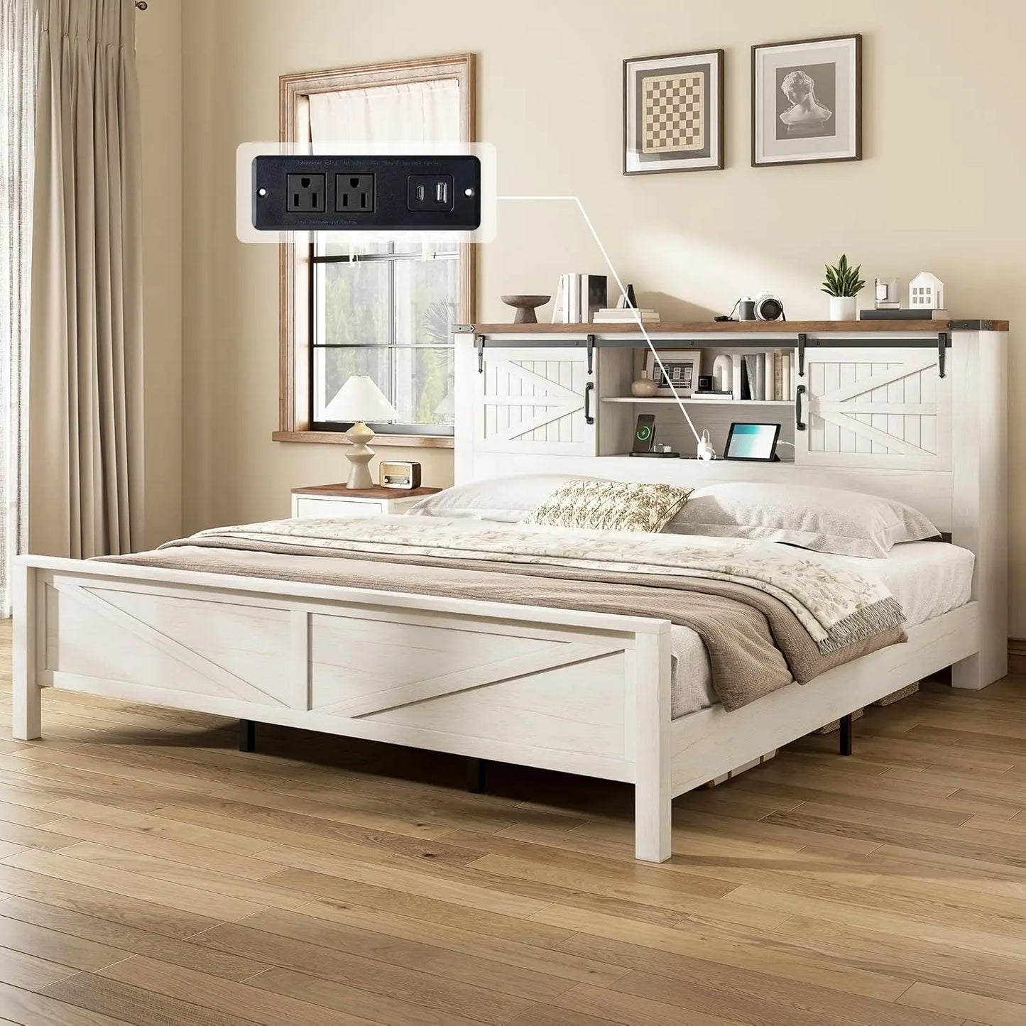 Rustic Wood Storage Bed Frame With Full Bookcase Headboard And Charging Station