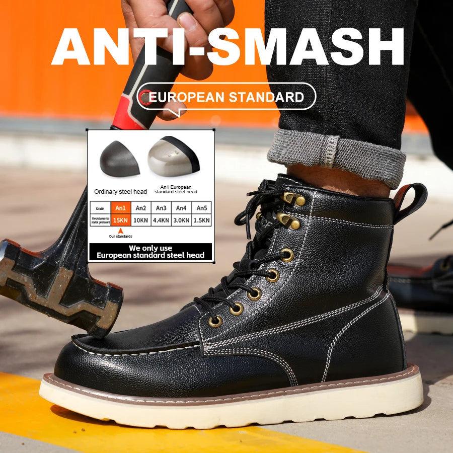 Two Layer Cowhide Men High Top Work Safety Shoes Pro