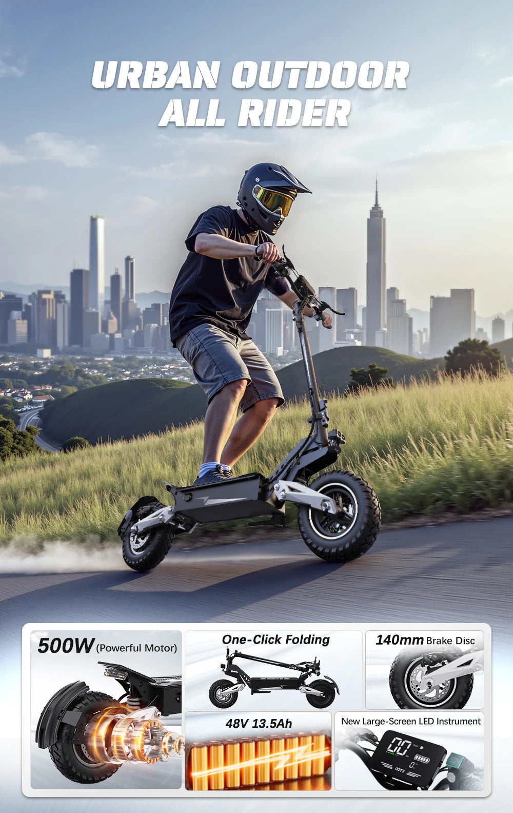 OOTD T10 Foldable Electric Scooter 900W Motor 18Ah Battery 45-60km Range