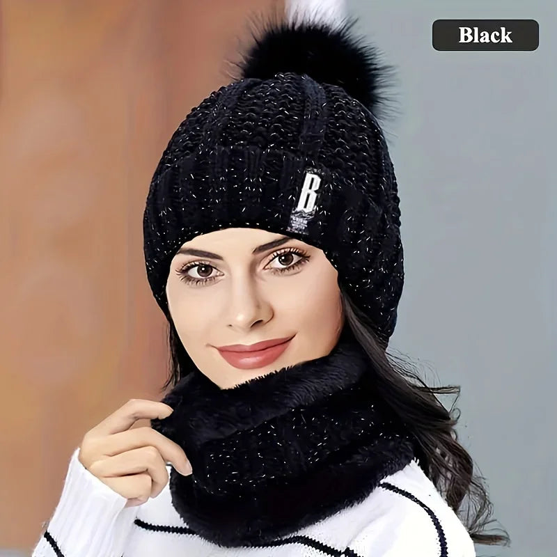 NONECN Winter Knit Hat Set For Women Warm Plush Windproof