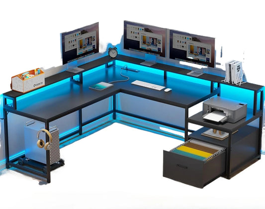 L Shaped Home Office Gaming Desk With File Drawer And Led Lights