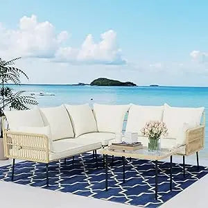 Outdoor Wicker Patio Furniture Set with Boho Sectional Sofa and Glass Coffee Table