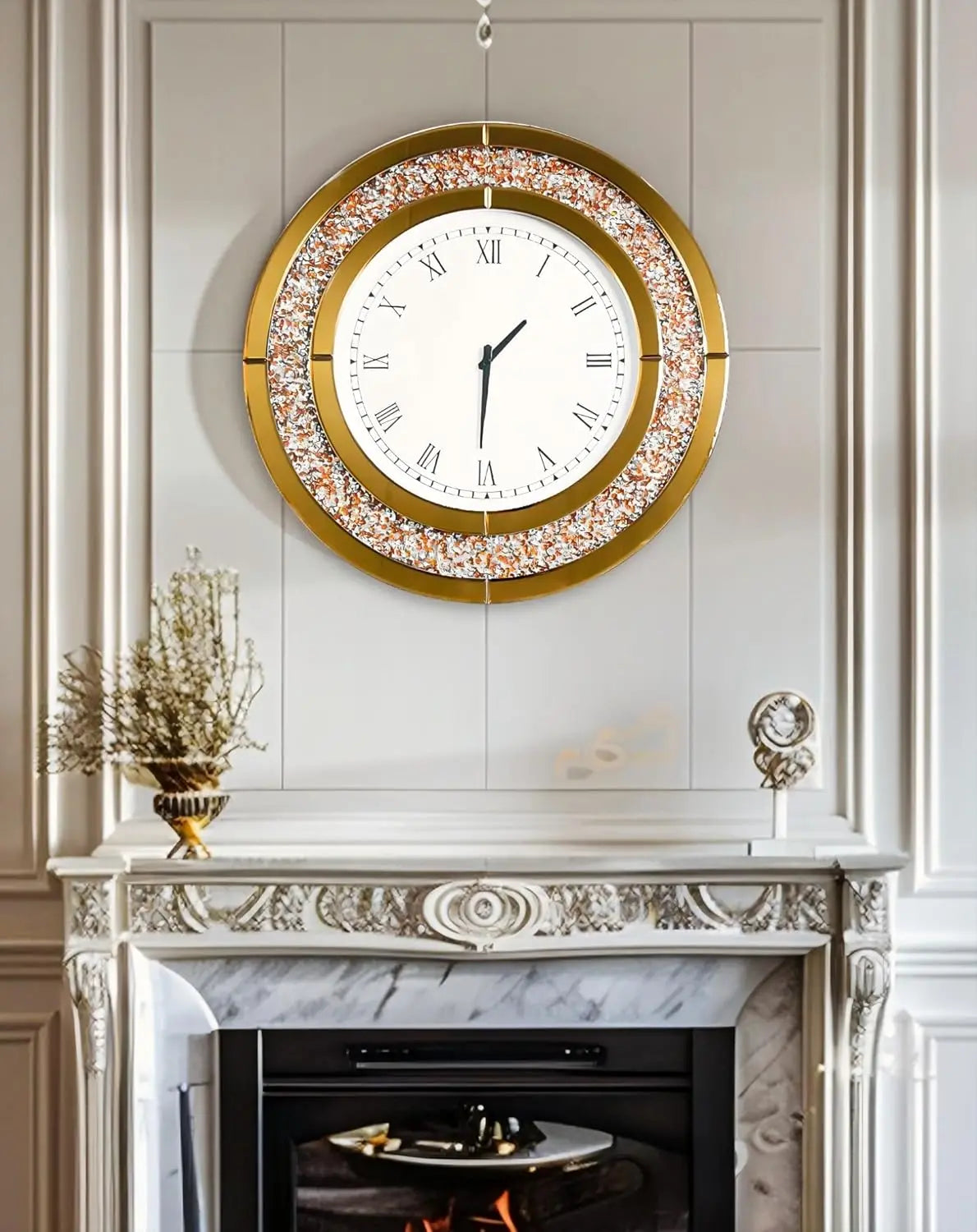 Crushed Diamond Round Mirrored Wall Clock Decorative Home Accent