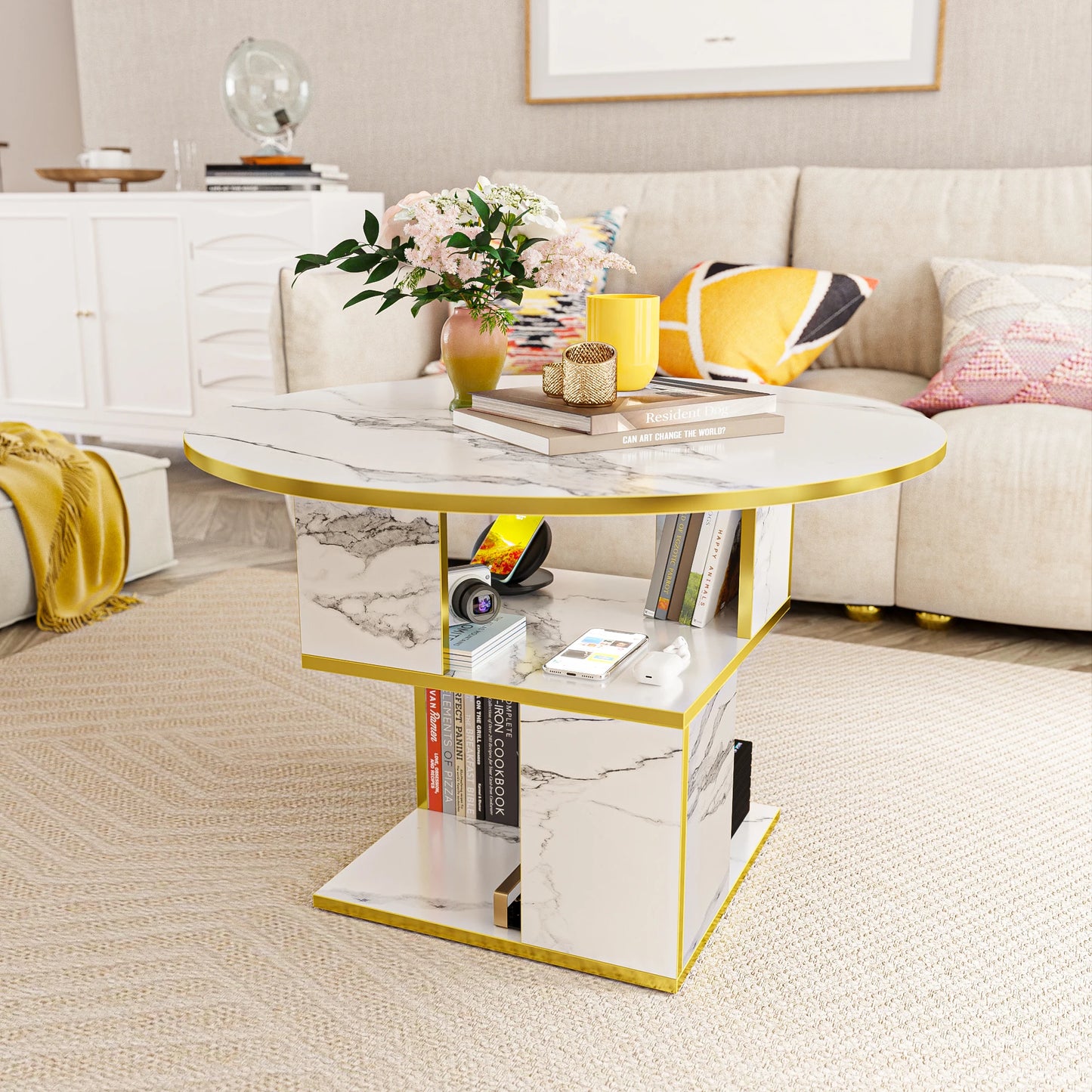 MERRONIX Three Tier Round Coffee Table With Storage