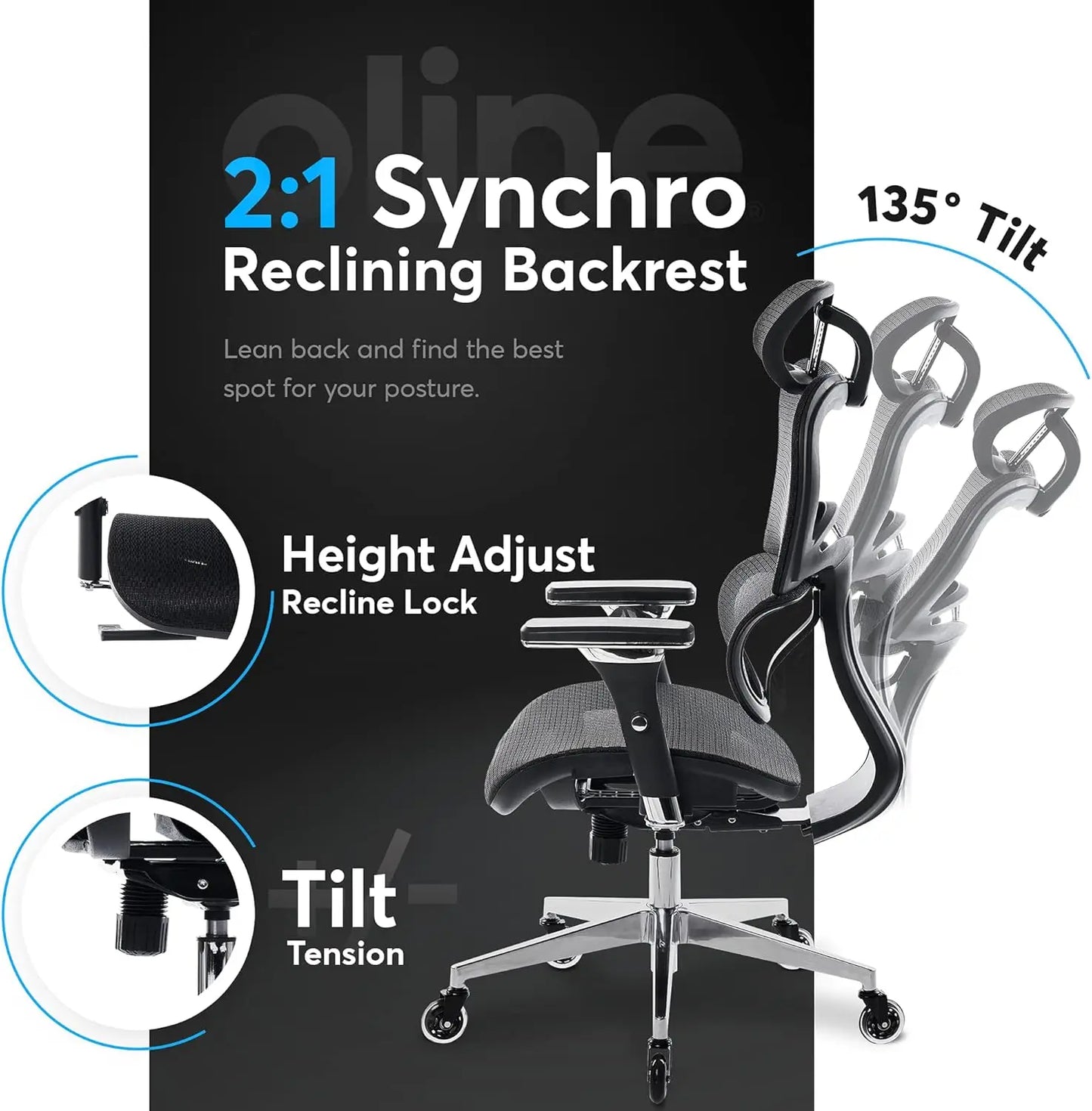 Ergonomic Office Chair With 4D Armrests and 3D Lumbar Support