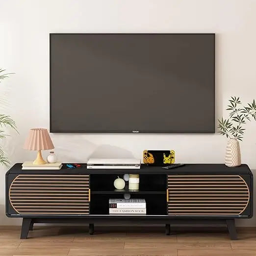 Century Modern TV Stand With Fluted Sliding Doors Entertainment Center