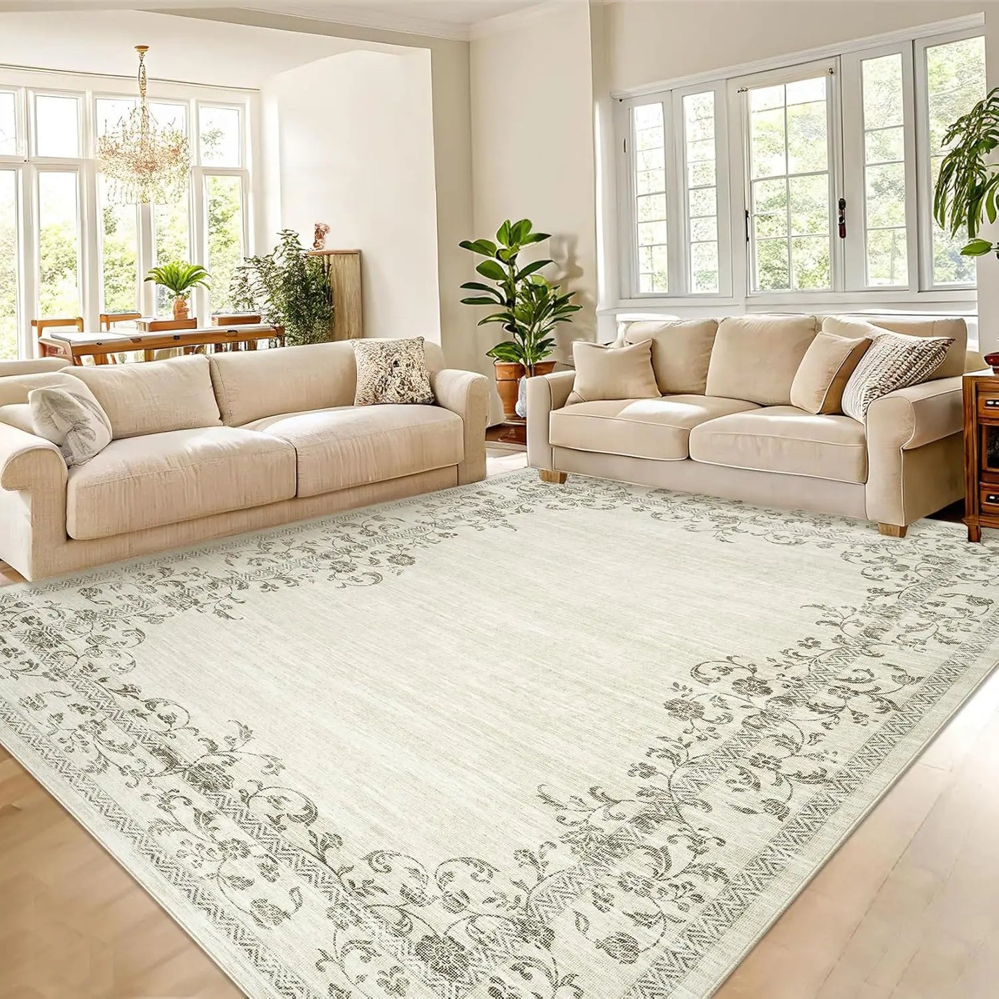 HiMIS Washable Area Rug Floral Border for Living Room