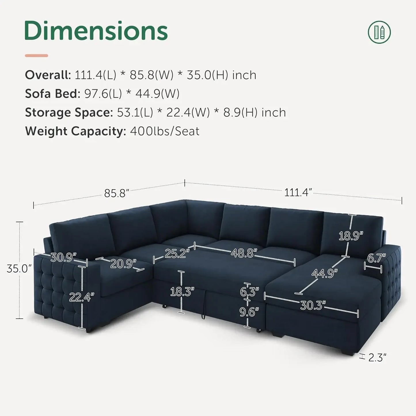 Combination U Shape Sectional Sleeper Sofa With Pull Out Bed