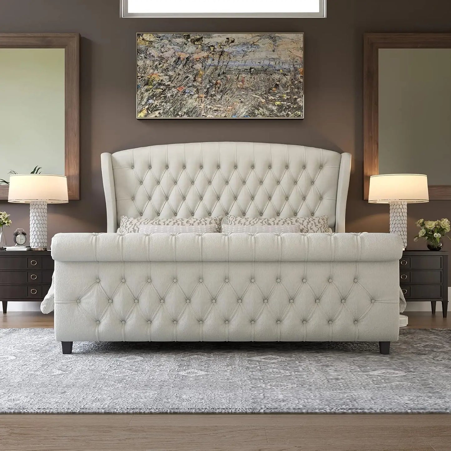 Platform Bed Frame Chenille Upholstered Sleigh With Button Tufted Headboard