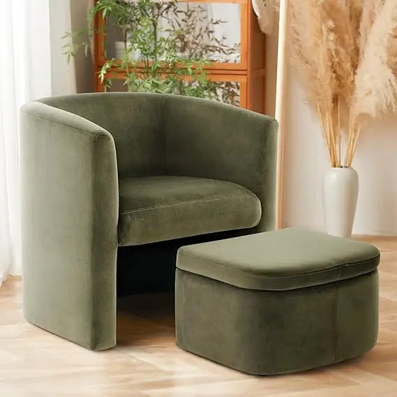 Upholstered Velvet Barrel Accent Chair With Storage Ottoman