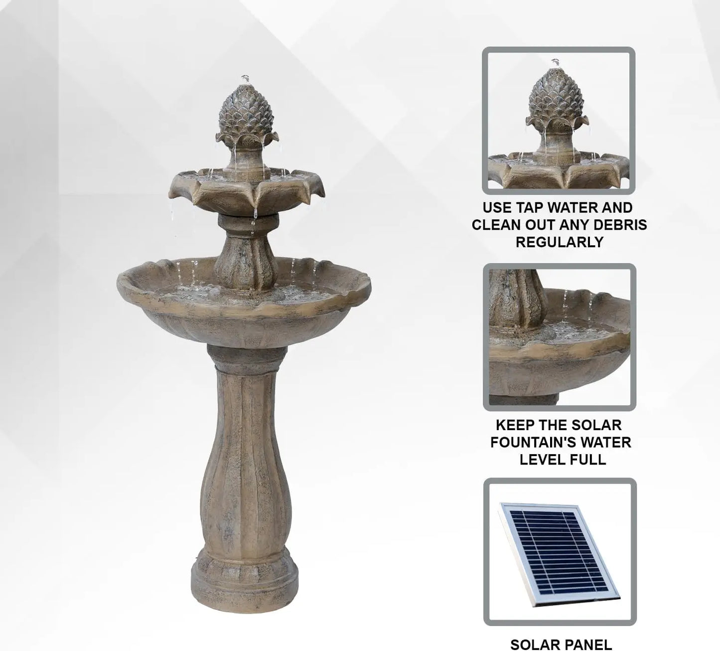 Solar Powered Two-Tier Outdoor Fountain Fiberglass Resin Bird Bath