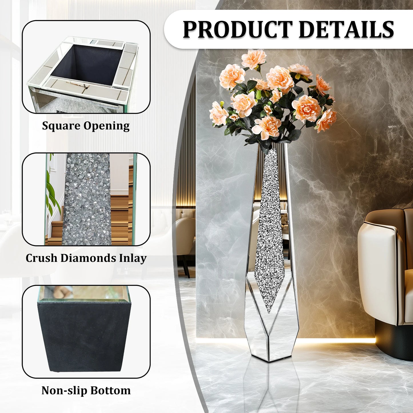 Function Tall Floor Mirror Vase With Crushed Diamond Glass