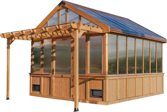 Cedar Polycarbonate Walk-in Greenhouse Kit with Pergola and Fan