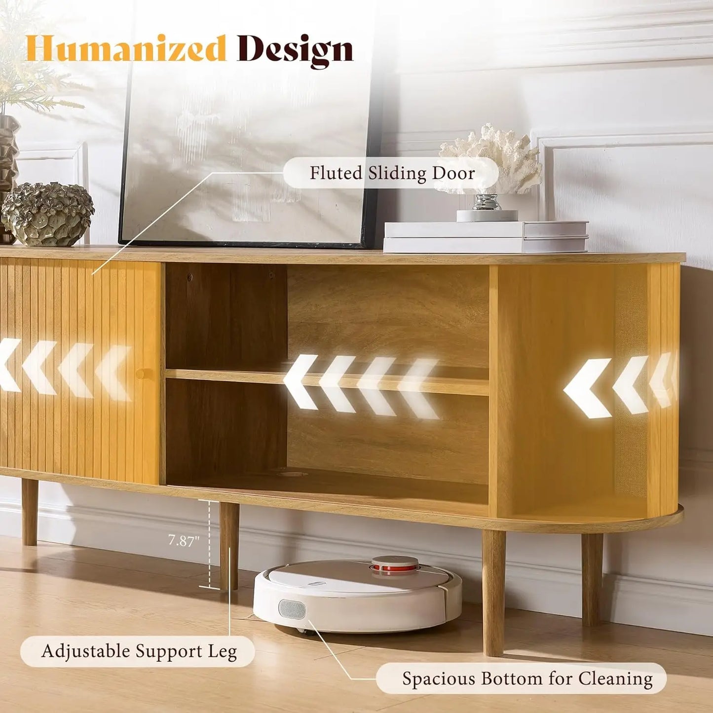 Mid Century Modern Fluted Wood TV Stand With Storage