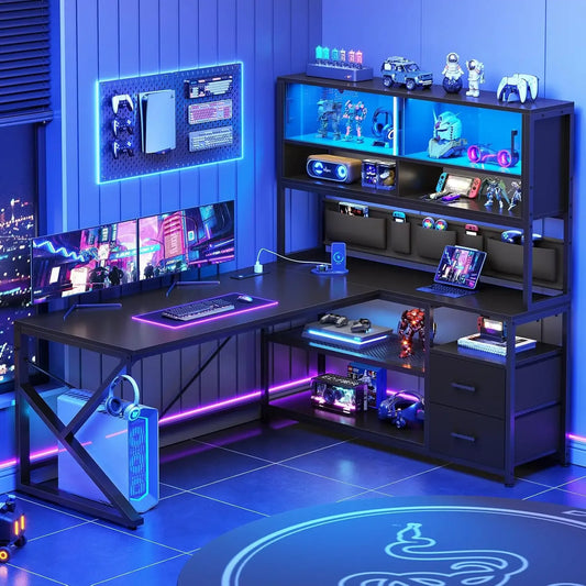 General Use L Shaped Gaming Desk With 2 Drawers Bookshelf