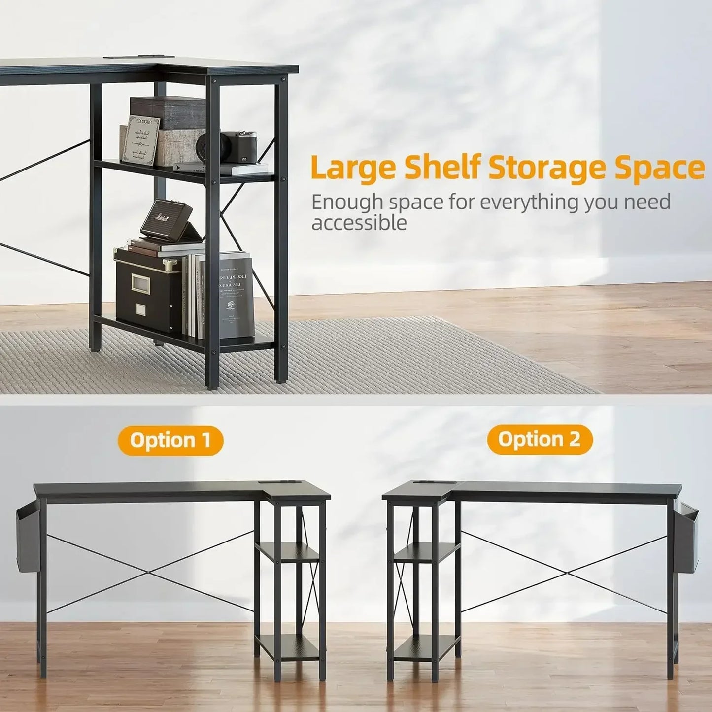 XMSJ L Shaped Desk With Power Outlets And Reversible Shelves
