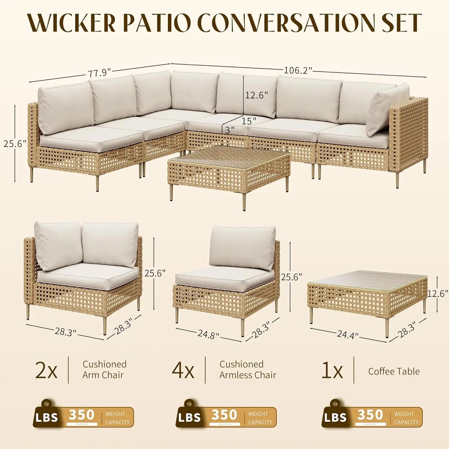 Wicker Outdoor Sectional Sofa Set Coffee Table All Weather Cushions