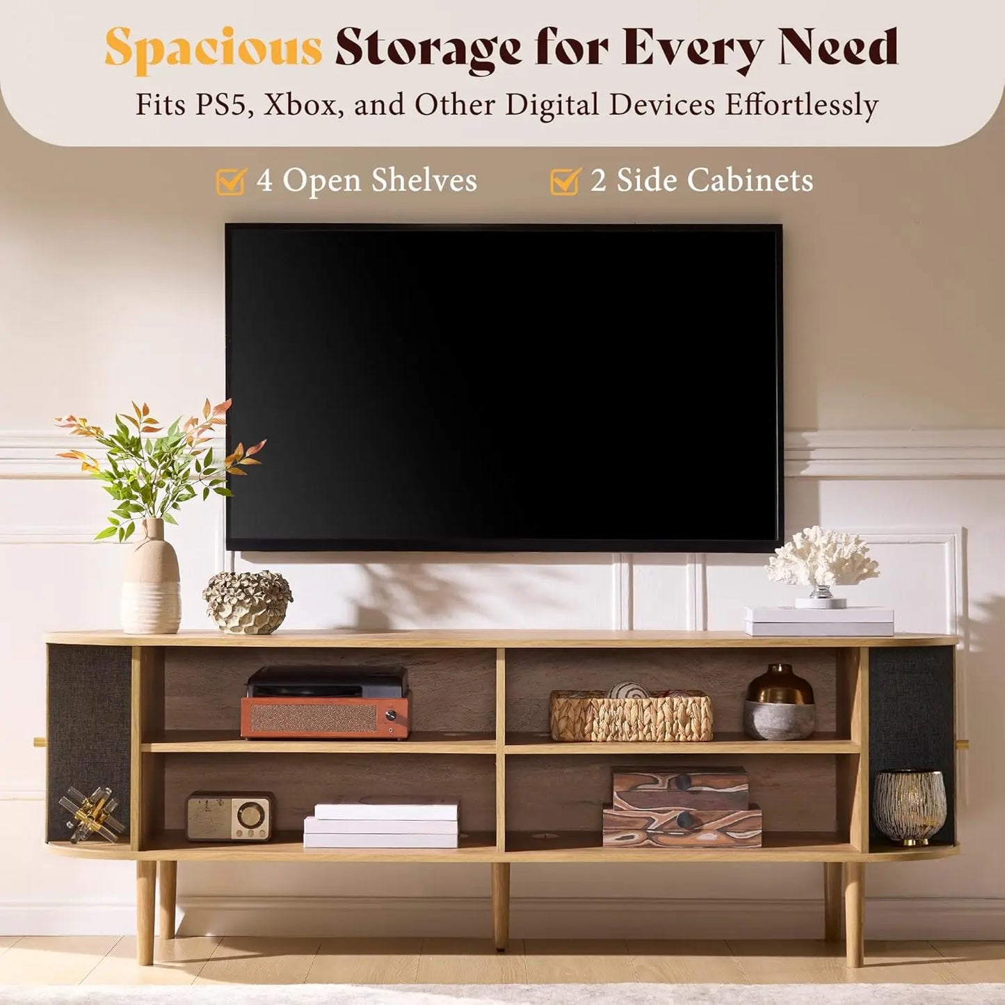 Mid Century Modern Fluted Wood TV Stand With Storage