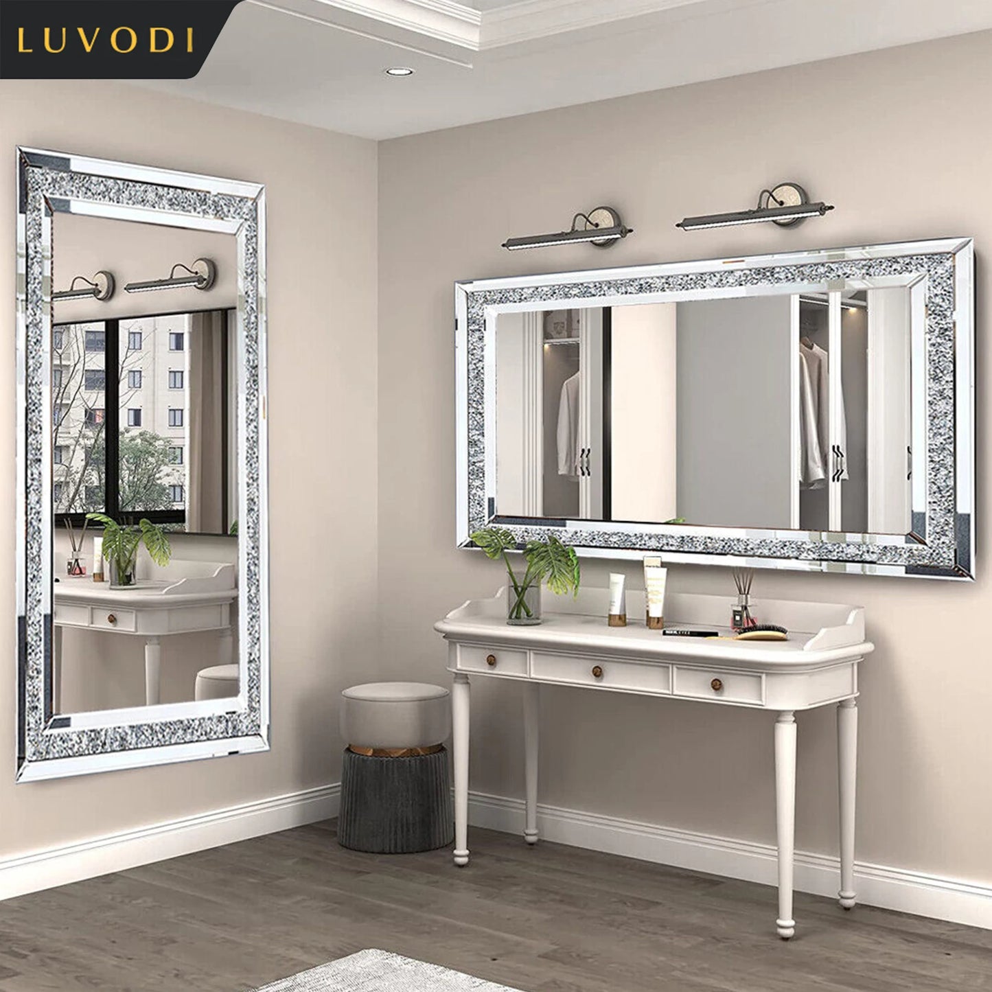 LUVODI Rhinestone Frameless Vanity Mirror Wall Mounted