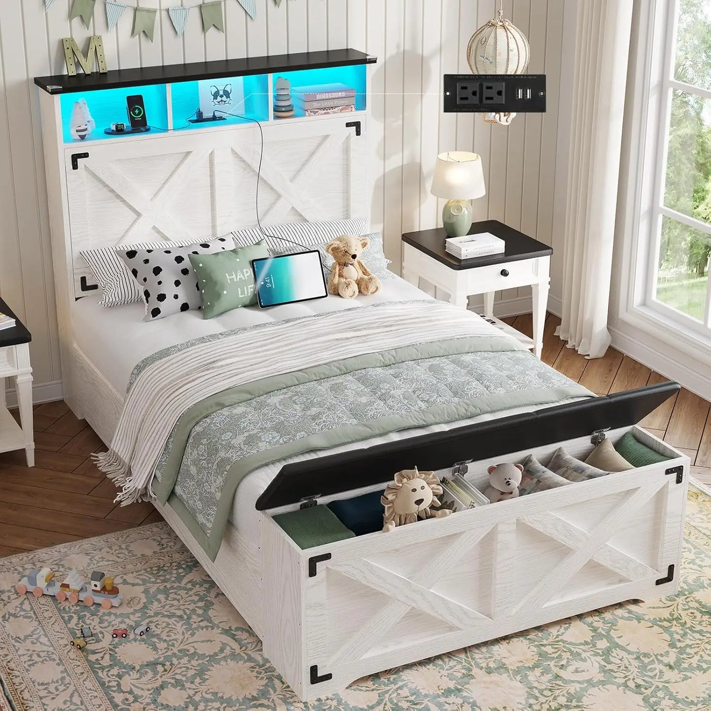Angduo Farmhouse Bed Frame With Storage And Led Lights